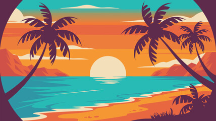 Colorful Tropical Sunset with Palm Trees, Turquoise Water, and Sandy Beach Illustration