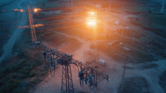 Electric Grid: Overhead electric power lines stretch across a landscape, illuminated by the warm glow of the setting sun or artificial lights.