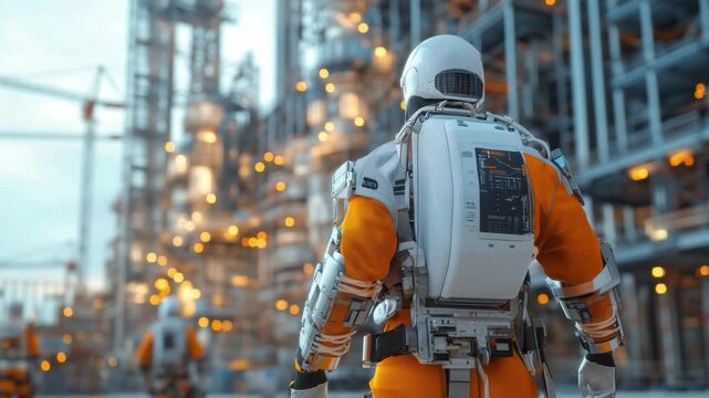Astronaut's Construction: Witnessing an astronaut in a spacesuit, confidently inspecting a construction site. The image captures a blend of futuristic elements with the essence of a building.