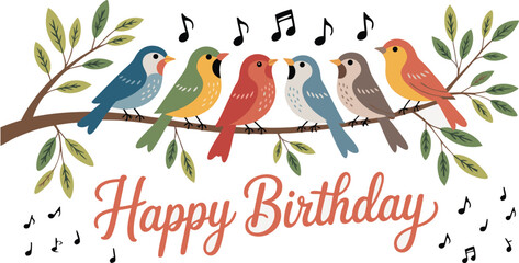 Happy Birthday with Six Colorful Birds on Branch Singing Music Notes, Celebration Card