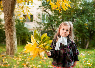 Little girl holding yellow autumn leaves, smiling outdoor park. Seasonal joy child happiness concept