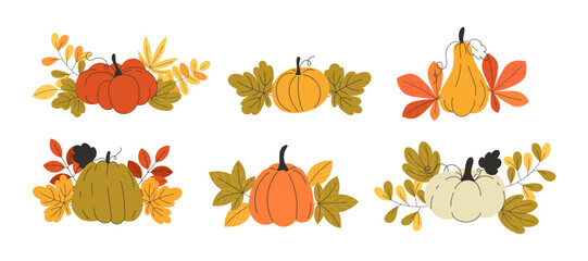 Autumn Pumpkin Compositions with Fall Leaves Flat Style for Cards and Posters