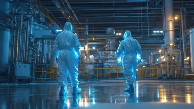 Cautious Path: Two figures in hazmat suits navigate a complex industrial environment, their silhouettes glowing with an eerie, futuristic light.
