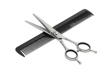 Polished silver hair cutting scissors with ergonomic finger loops crossed over a sleek black comb (fine/wide teeth), on a transparent background, even diffused studio lighting. Concept of