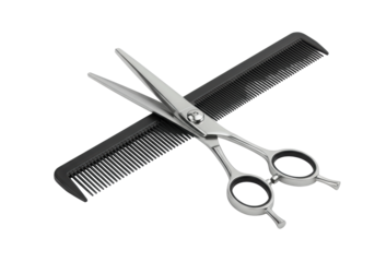 Polished silver hair cutting scissors with ergonomic finger loops crossed over a sleek black comb (fine/wide teeth), on a transparent background, even diffused studio lighting. Concept of