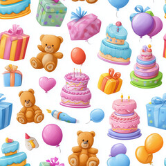 Birthday cakes, toys, and balloons ultra-clean seamless pattern for kids
