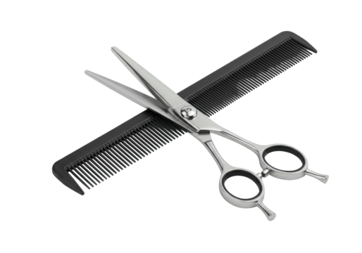 Polished silver hair cutting scissors with ergonomic finger loops crossed over a sleek black comb (fine/wide teeth), on a transparent background, even diffused studio lighting. Concept of