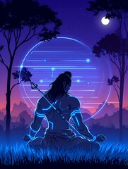 Mystical figure in serene forest at night