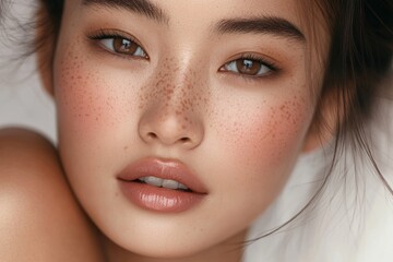 closeup portrait of young asian woman with natural freckles and soft makeup. beauty and skincare concept. serene expression with focus on eyes and lips. fashion magazine, cosmetic promotion.