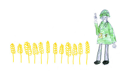 Childish drawing. Soldier in the field