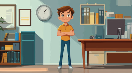Professional Young Boy Standing by Office Desk Vector Illustration