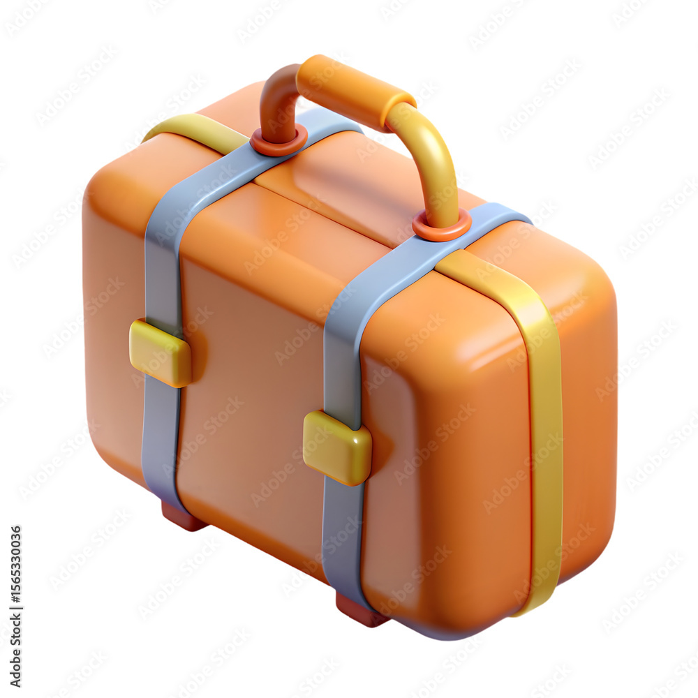 Poster photo of a 3d rendering of an orange suitcase with yellow and blue straps and a handle, isolated on 