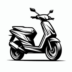 Black and white illustration of a modern scooter in side view  