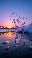 Water splash at sunset, mirrored in calm water
