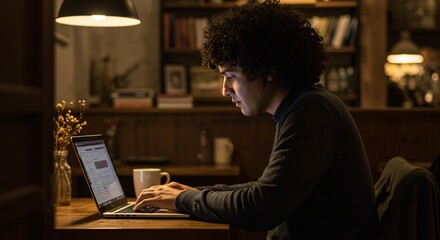 Focused Young Man Working on Laptop at Night in Cozy Study