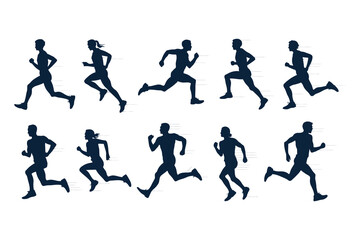 Vector silhouettes of men and women jogging, side view running group in dynamic sporty poses

