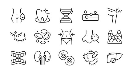 Human Body linear icon set. Organs, body parts, skeleton parts, pictograms, joint, knee, x-ray, arthritis, autoimmune, gout, inflammation line icon set. Ui thin line icon pack.