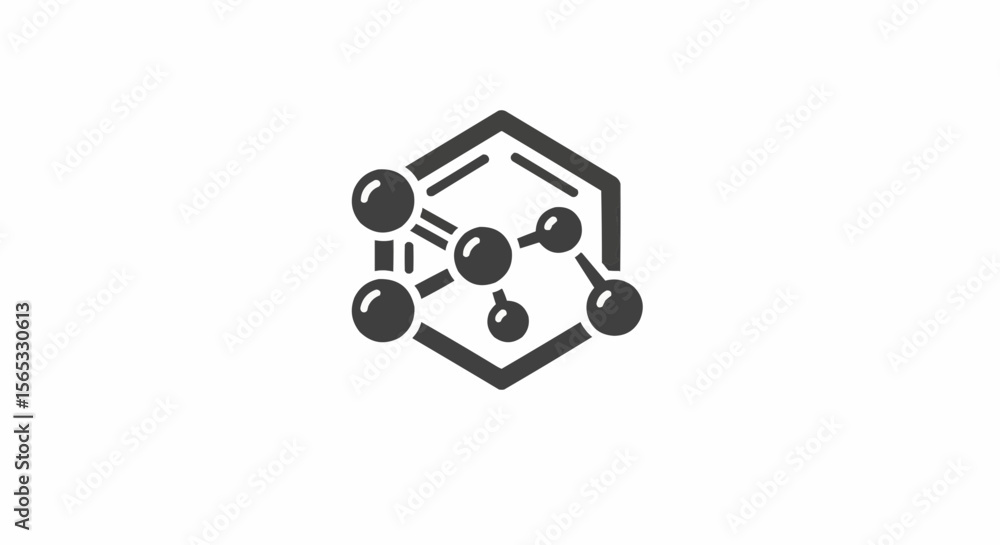 Poster illustration of a molecule structure with spheres and bonds inside a hexagon outline design element