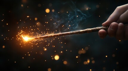 Fototapeta premium A hand holding a wooden wand with bright orange sparks and smoke against a dark blurred background