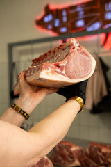 Meat on the counter. Selection of raw meat, piece of pork. BBQ selection, shashlik, meat tenderloin, fillet.