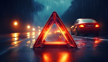 night road emergency warning triangle reflective red light car accident rainy night safety caution sign transportation hazard wet asphalt dark background help risk alert