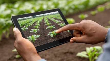 Eco-friendly agritech tablet scanning crops in sustainable farming enhancing environmental governance and social responsibility