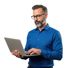 Man with laptop wearing glasses isolated on transparent background