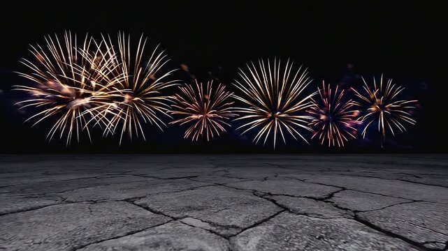 Series of fireworks are lit up in the night sky. The fireworks are arranged in a row, with some of them being larger than others. The scene is set against a dark background