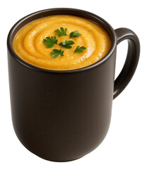 Creamy pumpkin soup garnished with fresh parsley served in a black ceramic mug.