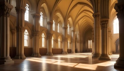 Obraz premium Inside of a cathedral with sunlight streaming through the arched windows and large columns.
