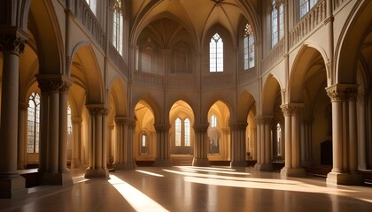 Fototapeta premium The interior of a grand cathedral showcases stunning architecture, bathed in sunlight.
