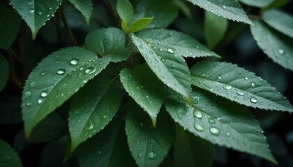 Fototapeta premium Lush green leaves adorned with glistening water droplets, creating a fresh and natural scene.