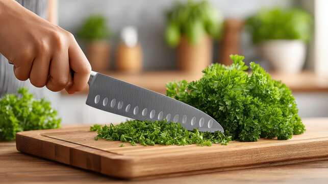 Sustainable culinary practices fresh herb preparation kitchen realistic photo eco-friendly environment close-up perspective