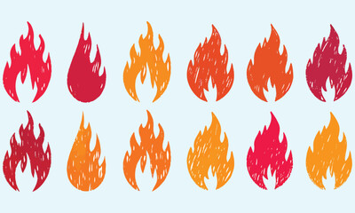 Crayon drawn fire flames icons collection. Hand drawn doodle flames stickers. 