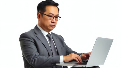 Businessman in suit working on a laptop, focused on computer screen.
