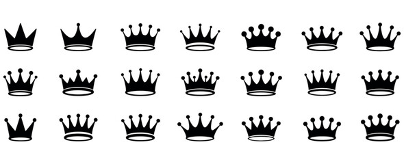 Crowns Clip Art Collection. Set of various black and golden crown silhouettes on a white and black background. Love hearts crown silhouette black printable clipart sublimation vector illustration.