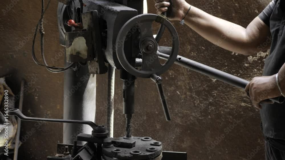 Poster mastering precision - hand at work with machine tool