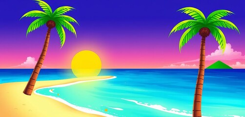 Obraz premium Childlike drawings of palm trees, beach, and island; editable vector illustration, sun, whimsical