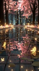Magical forest pond, illuminated by fairy lights