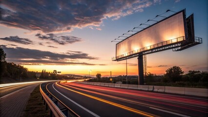 Obraz premium Blank billboard elevated beside a forested highway with colorful sunset and bright vehicle light trails on the road.