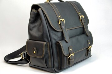 Photo of a black leather backpack isolated on white background
