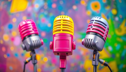 Colorful cartoon microphones on a vibrant background,  open mic,  gig