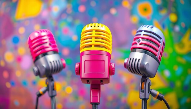 Colorful cartoon microphones on a vibrant background,  open mic,  gig