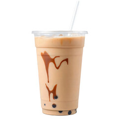Ice chocolate milk with bubble tea in plastic cup isolated on transparent background