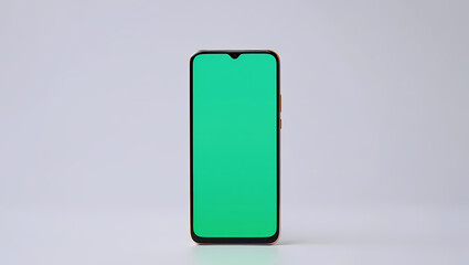 Ai generated image of a rose gold smartphone with a bright green screen is isolated on a white background