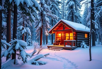 Fototapeta premium Cozy winter cabin in snowy forest glade, warm window glow, cabin, bright