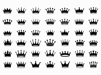 Crowns Clip Art Collection. Set of various black and golden crown silhouettes on a white and black background. Love hearts crown silhouette black printable clipart sublimation vector illustration.