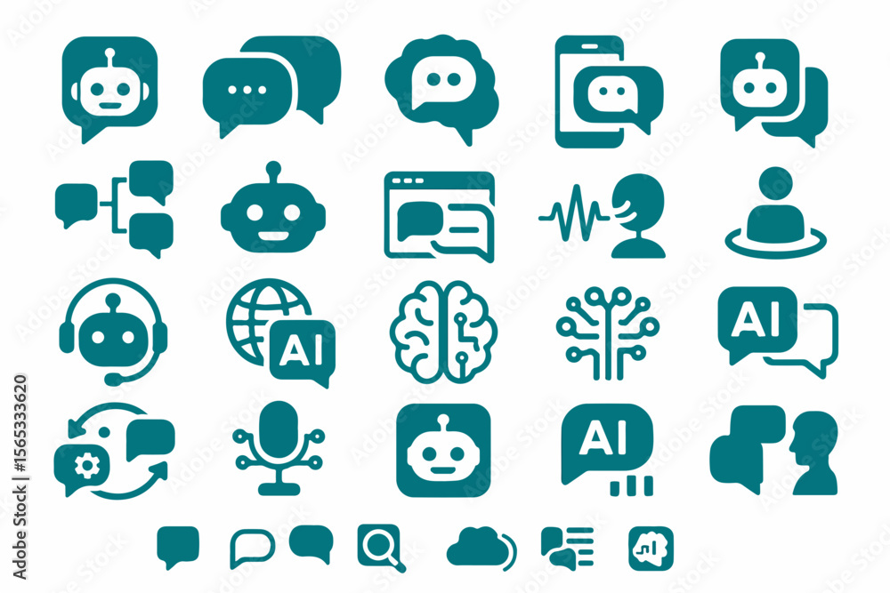 Poster collection of artificial intelligence and chatbot icons representing technology communication and au