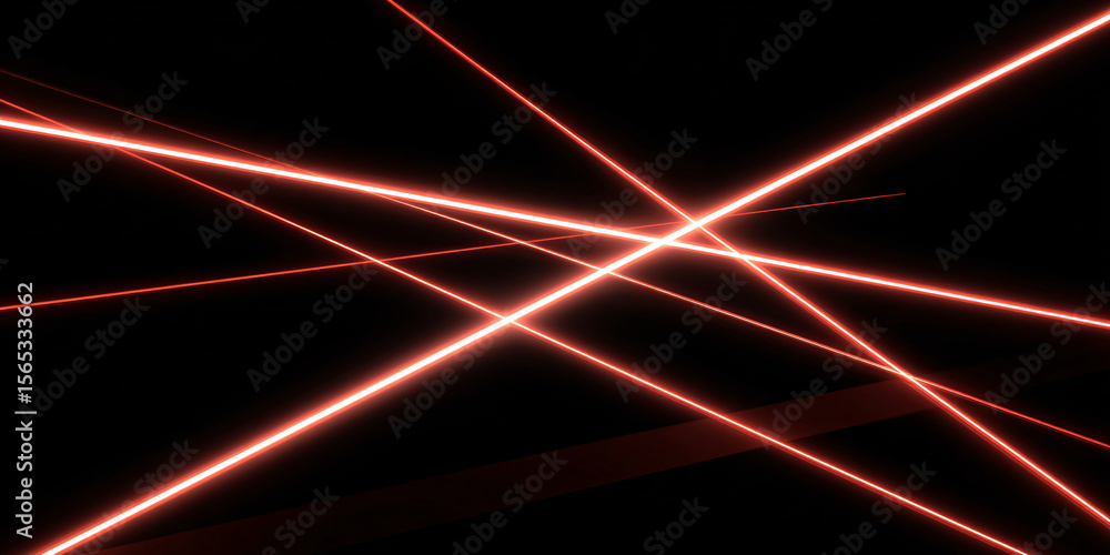 Poster several intersecting red straight lines in different positions. neon red light on isolated black bac