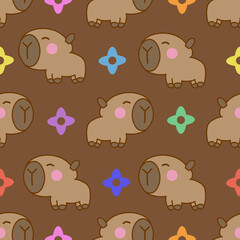 Cute capybara pattern, brown isolate background